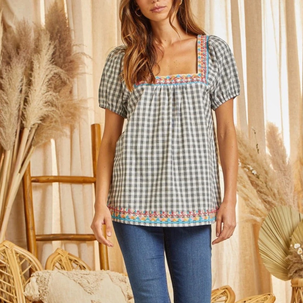 NWT Gingham Embroidery Detail Top